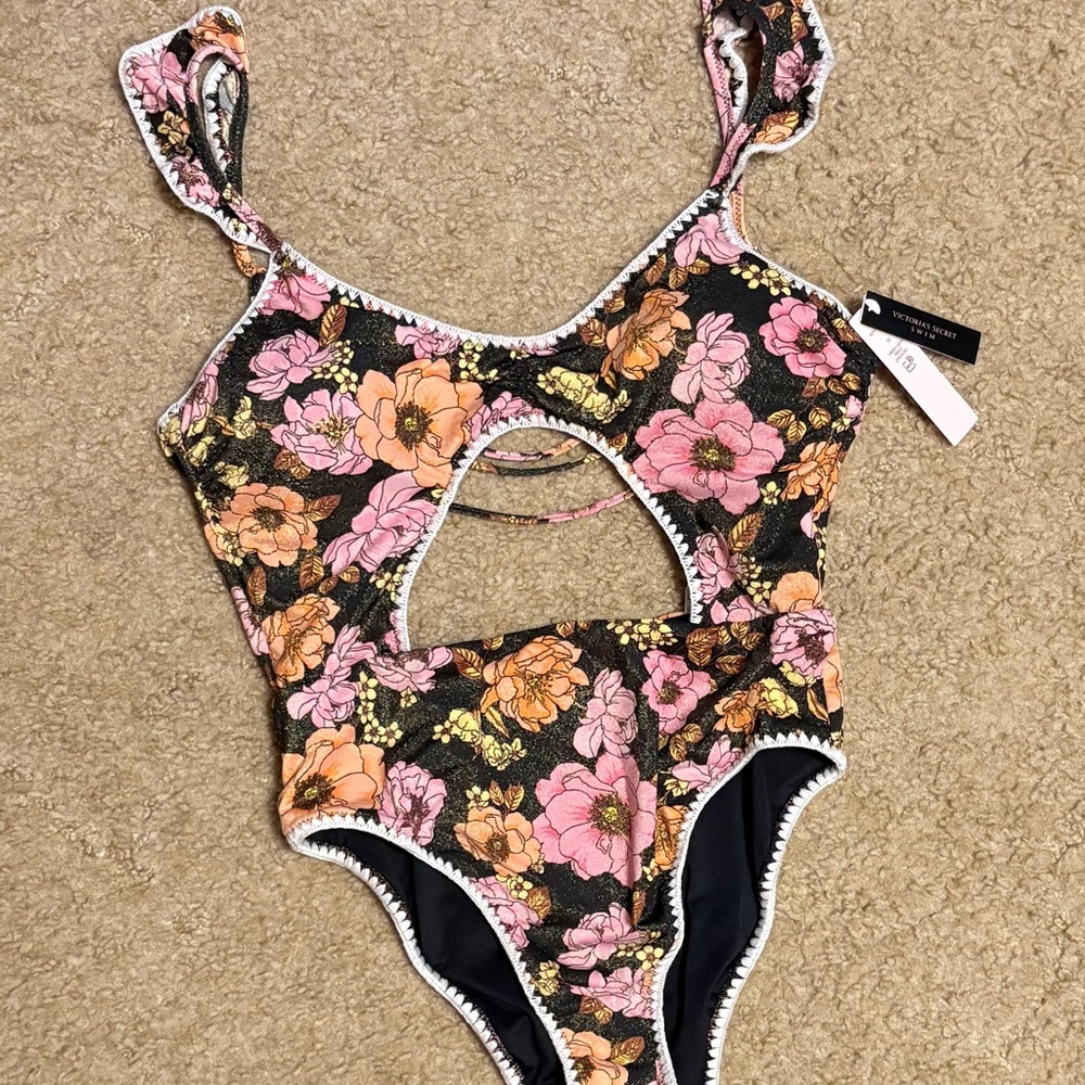 Victoria's Secret Pink and Orange One Piece Swimsuit with Modern Cutouts